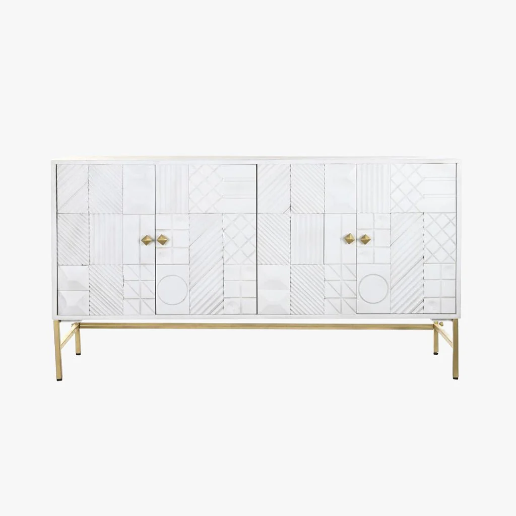 Aparador Relevo Branco com Acabamentos Dourado 157X43X84 WHITE GLOW