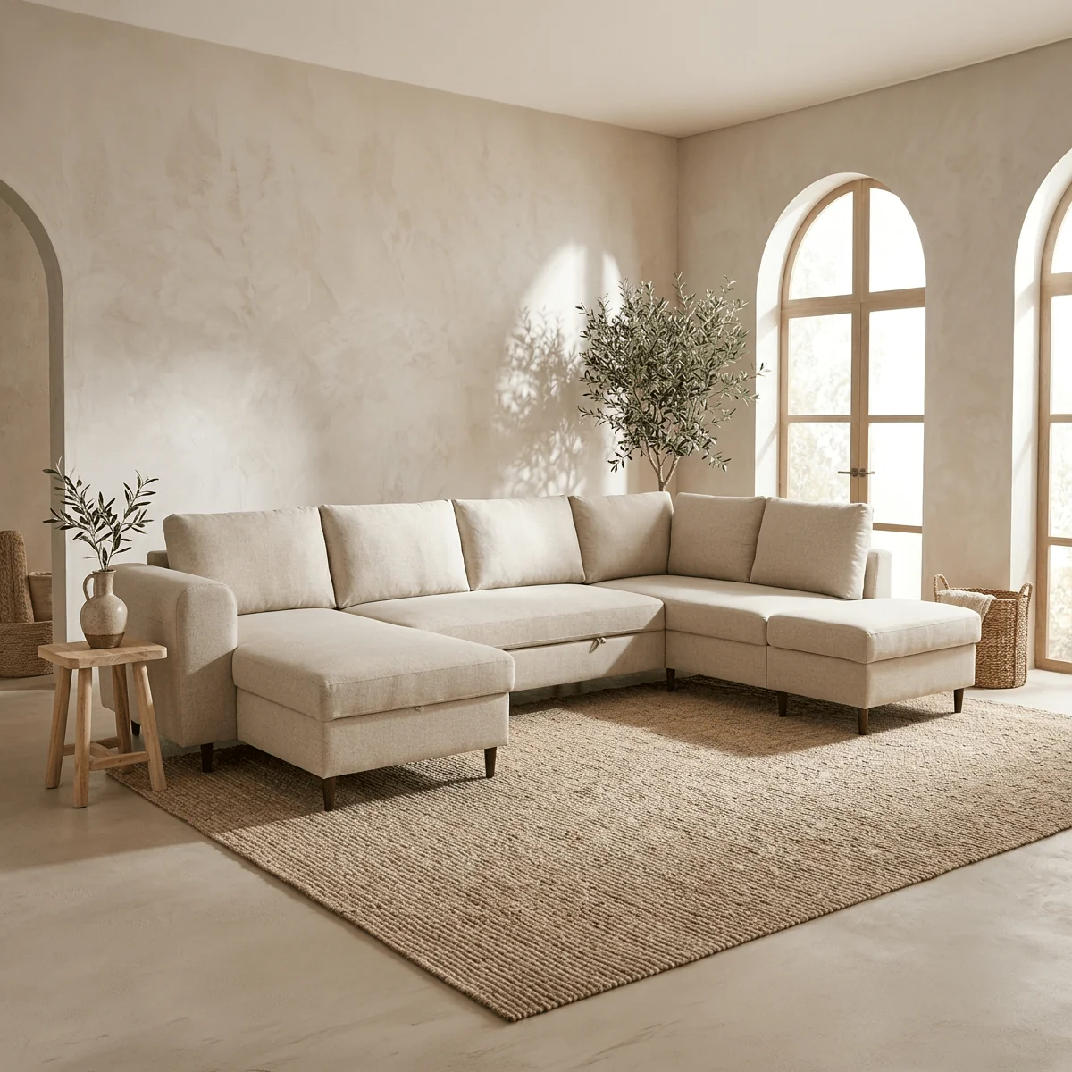 Sofá Cama com Chaise Longue à Esquerda e Pufe à Direita Bege CRAIG - Image 2