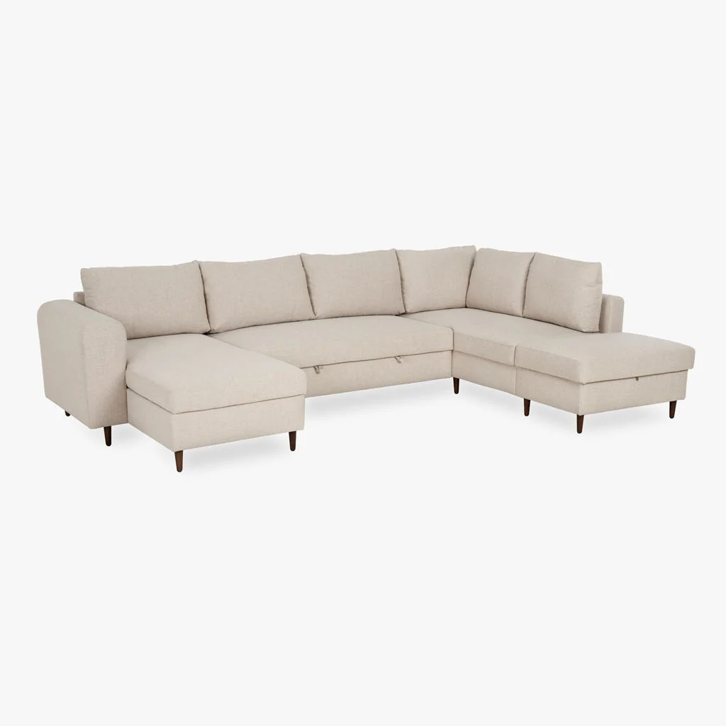 Sofá Cama com Chaise Longue à Esquerda e Pufe à Direita Bege CRAIG - Image 3