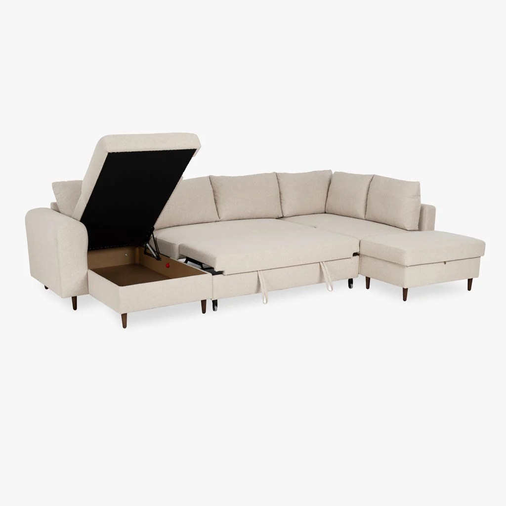Sofá Cama com Chaise Longue à Esquerda e Pufe à Direita Bege CRAIG - Image 4