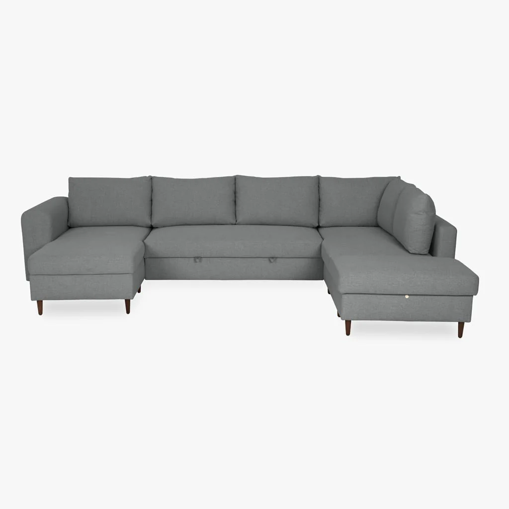 Sofá Cama com Chaise Longue à Esquerda e Pufe à Direita Cinza CRAIG