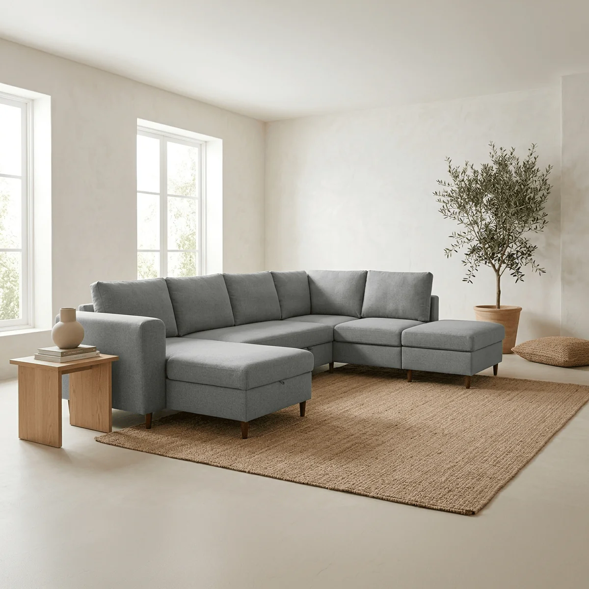 Sofá Cama com Chaise Longue à Esquerda e Pufe à Direita Cinza CRAIG - Image 2