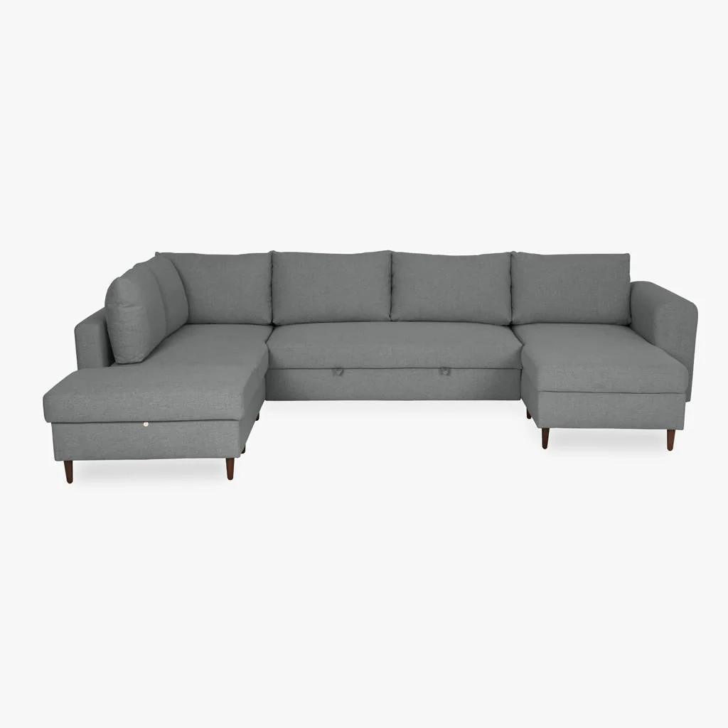 Sofá Cama com Chaise Longue à Direita e Pufe à Esquerda Cinza CRAIG