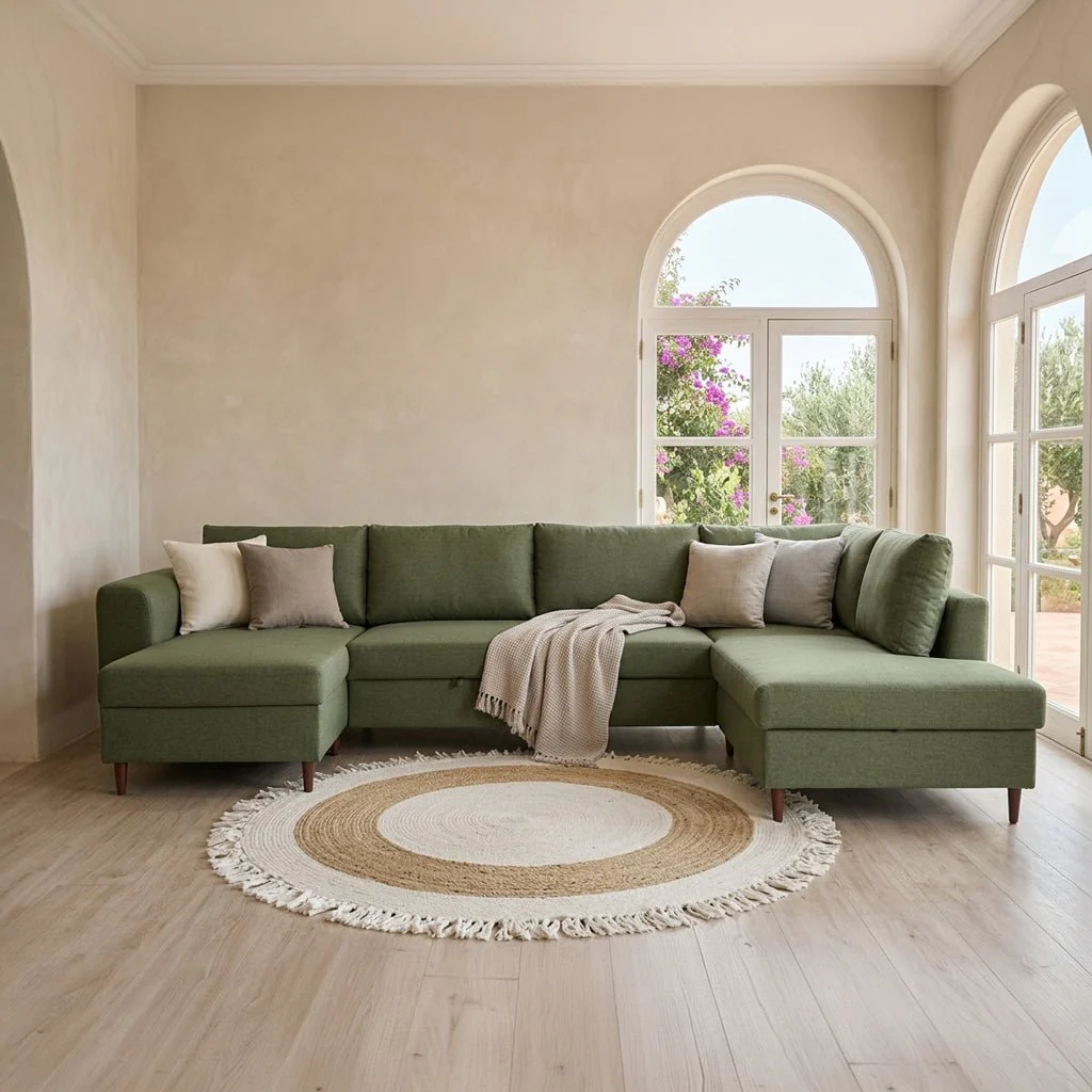 Sofá Cama com Chaise Longue à Esquerda e Pufe à Direita Verde CRAIG - Image 2