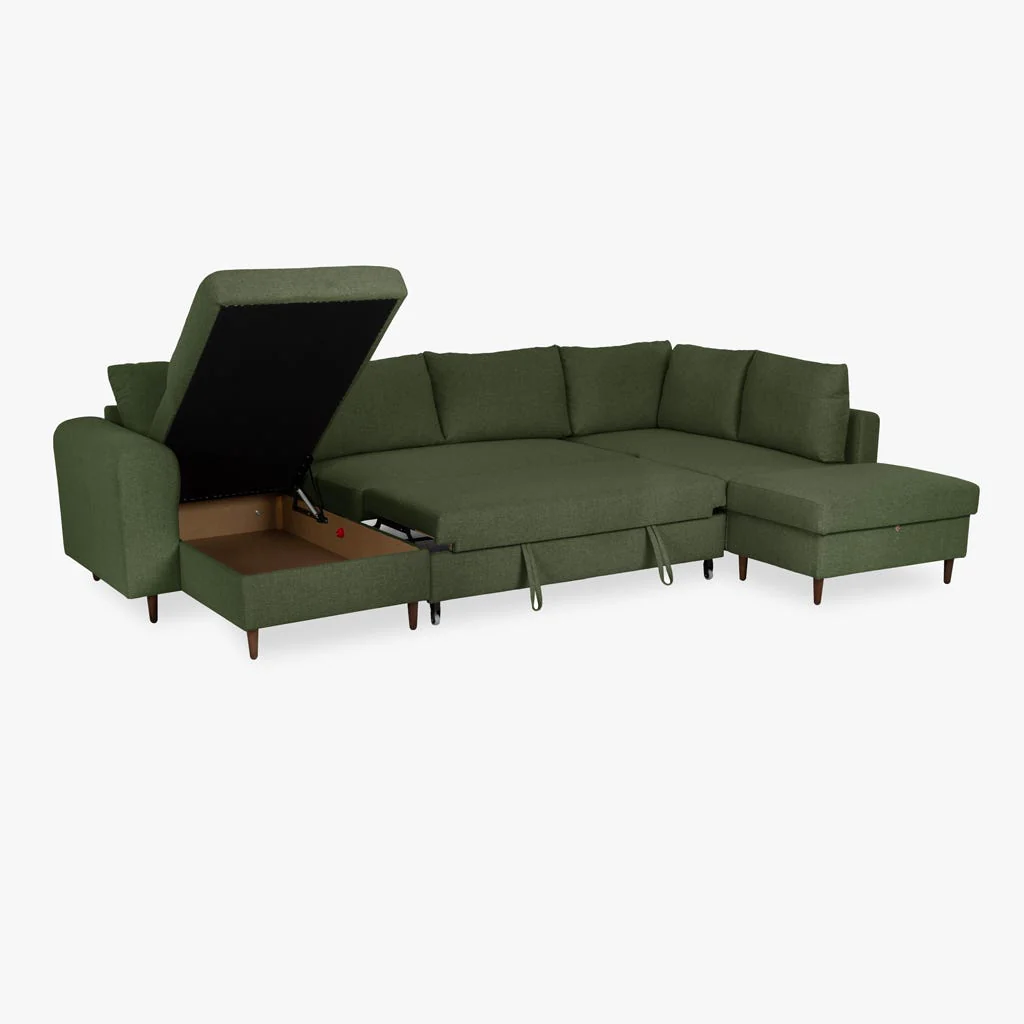 Sofá Cama com Chaise Longue à Esquerda e Pufe à Direita Verde CRAIG - Image 4